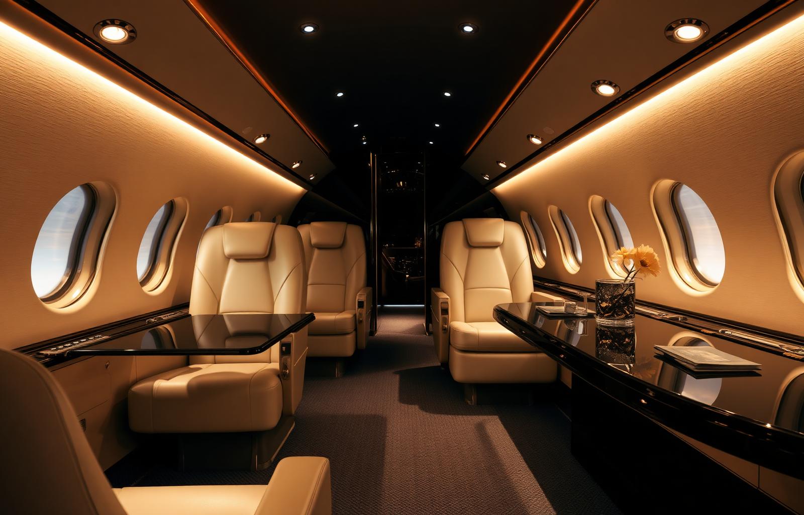 Interior of a private jet with cream leather seats