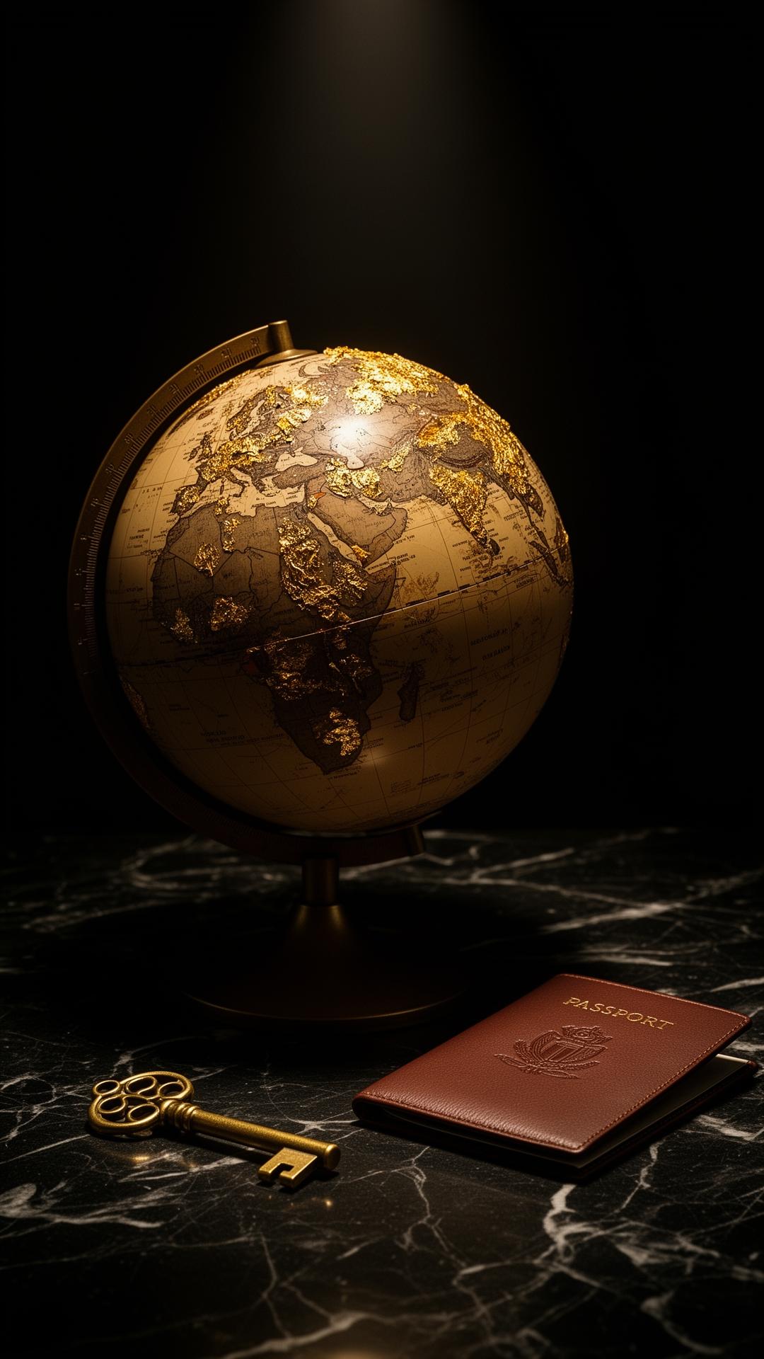 A vintage globe with gold-leaf continents, a brass key and a leather passport on dark marble